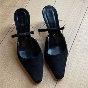 BY FAR Black Mules with Gold Accents
